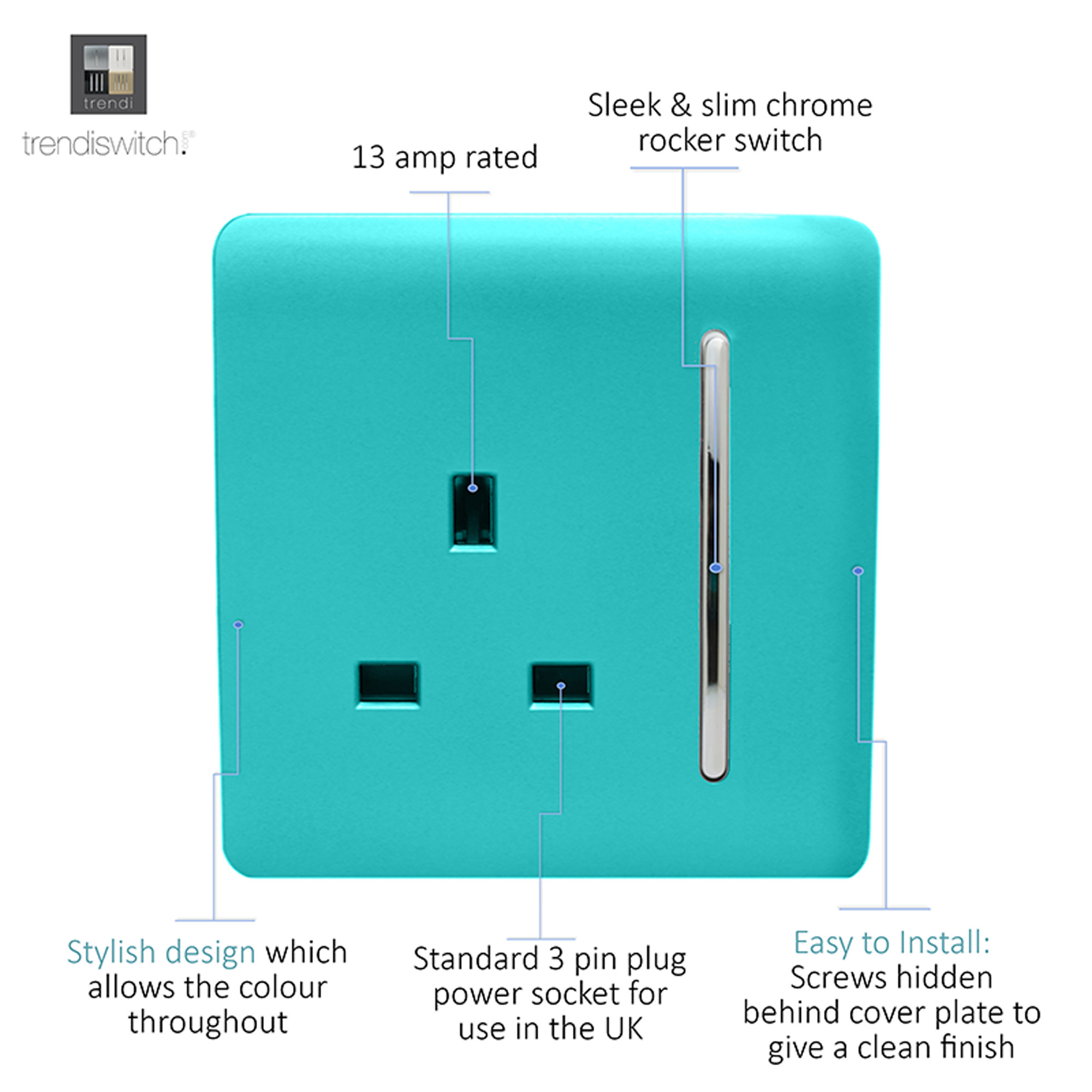 1 Gang 13Amp Switched Single Socket Bright Teal ART-SKT13BT  Trendi Bright Teal